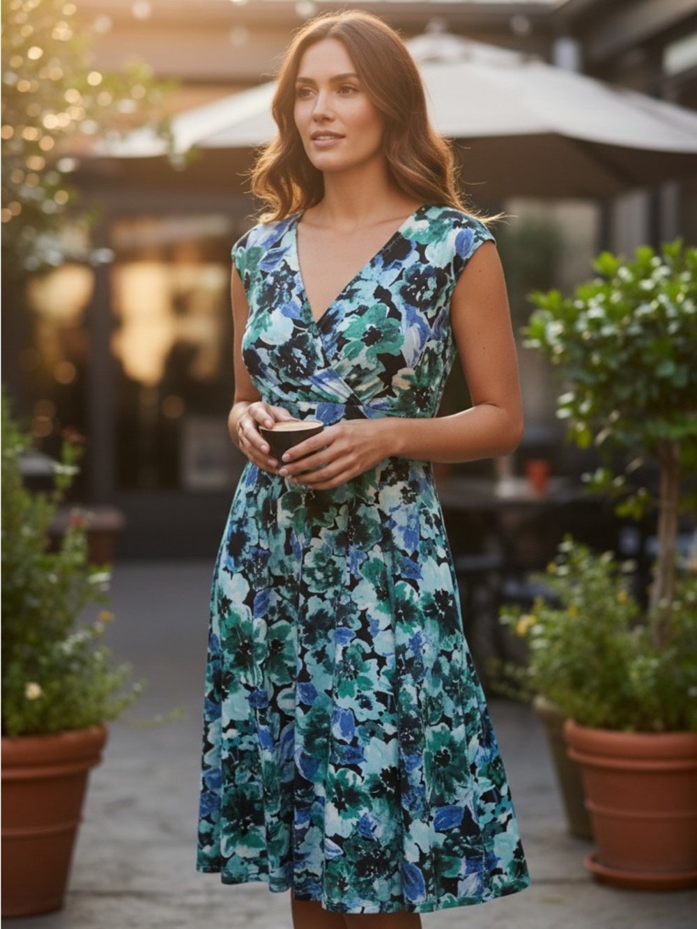 GH Bass Size 16 Floral V-Neck Midi Dress in Teal & Blue